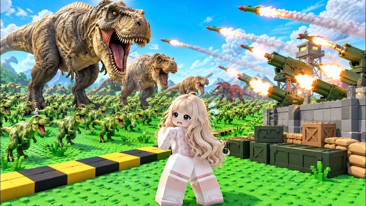 Roblox Build a Dino Defense overview showing traps, turrets, and an egg fortress layout